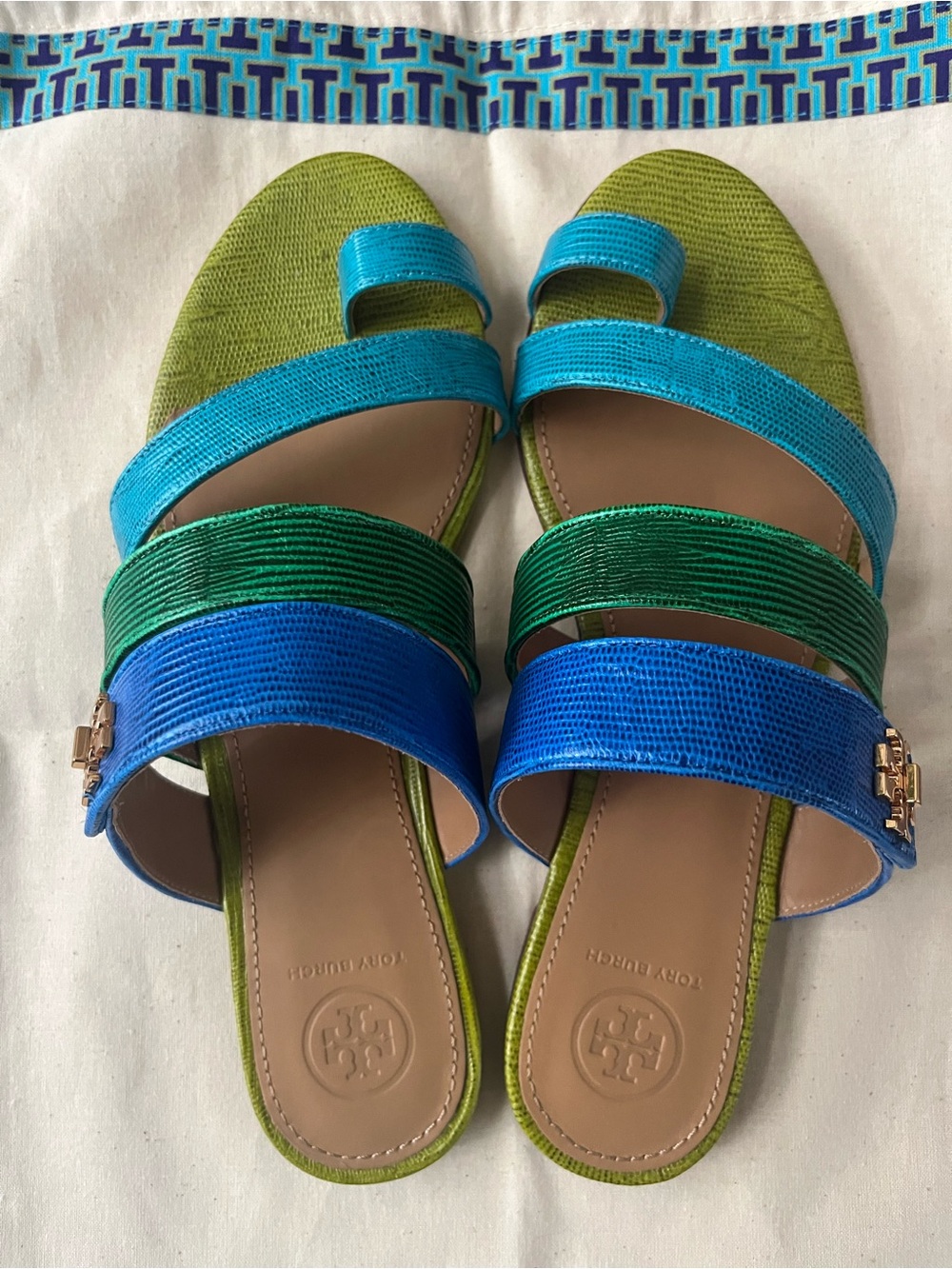 Tory Burch Multistrap Slide Sandals in Lime, Teal & Blue